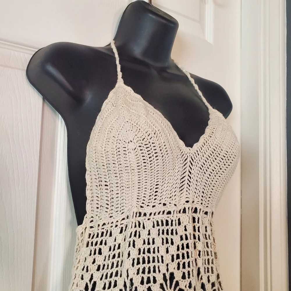 Lilu Y2K Crochet Tank Top Ivory Back Tie Romantic Sexy Bohemian Size Medium